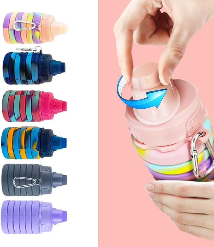 Collapsible Water Bottles 4 pack Travel Water Bottle Portable Hiking Water Bottle with Leak proof Twist Cap 500ML Reusable BPA Free Silicone Water Bottles. (Black+Purple+Blue+Pink) - Image 3