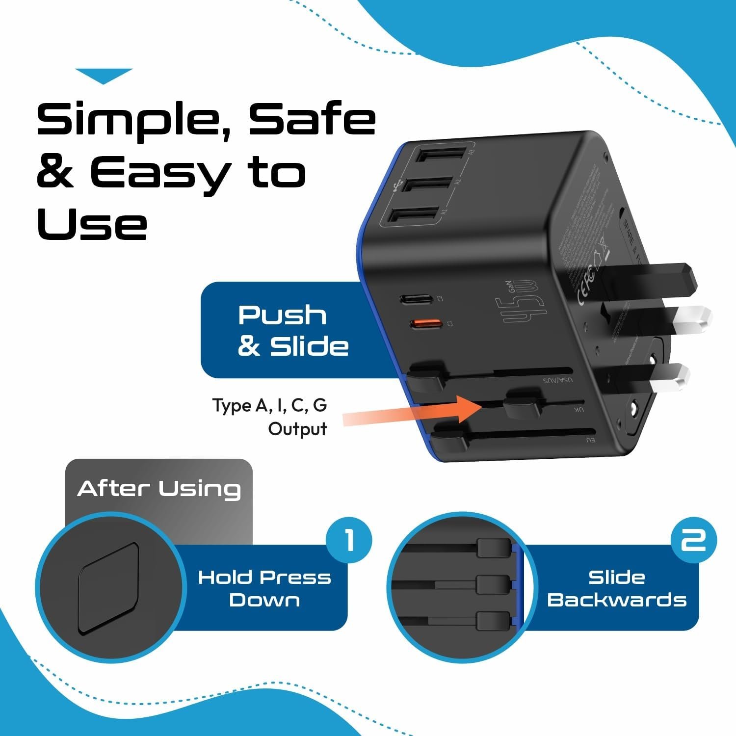 Ceptics Universal Travel Adapter, 45W International Power Adapter with PD & QC 3.0 Dual USB-C, 3 USB Travel Adapter Worldwide, Type I C G A Outlets 110V 220V A/C - EU Euro US UK (11-KU) - Image 5