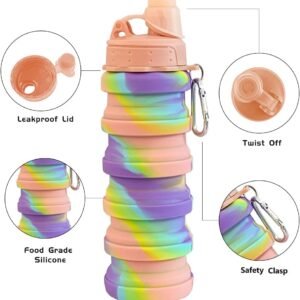 Collapsible Water Bottles 4 pack Travel Water Bottle Portable Hiking Water Bottle with Leak proof Twist Cap 500ML Reusable BPA Free Silicone Water Bottles. (Black+Purple+Blue+Pink)