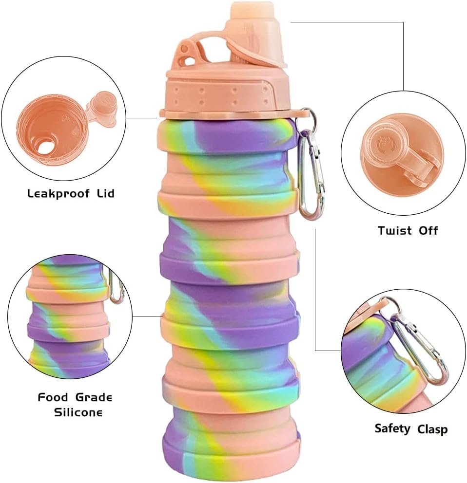 Collapsible Water Bottles 4 pack Travel Water Bottle Portable Hiking Water Bottle with Leak proof Twist Cap 500ML Reusable BPA Free Silicone Water Bottles. (Black+Purple+Blue+Pink) - Image 2
