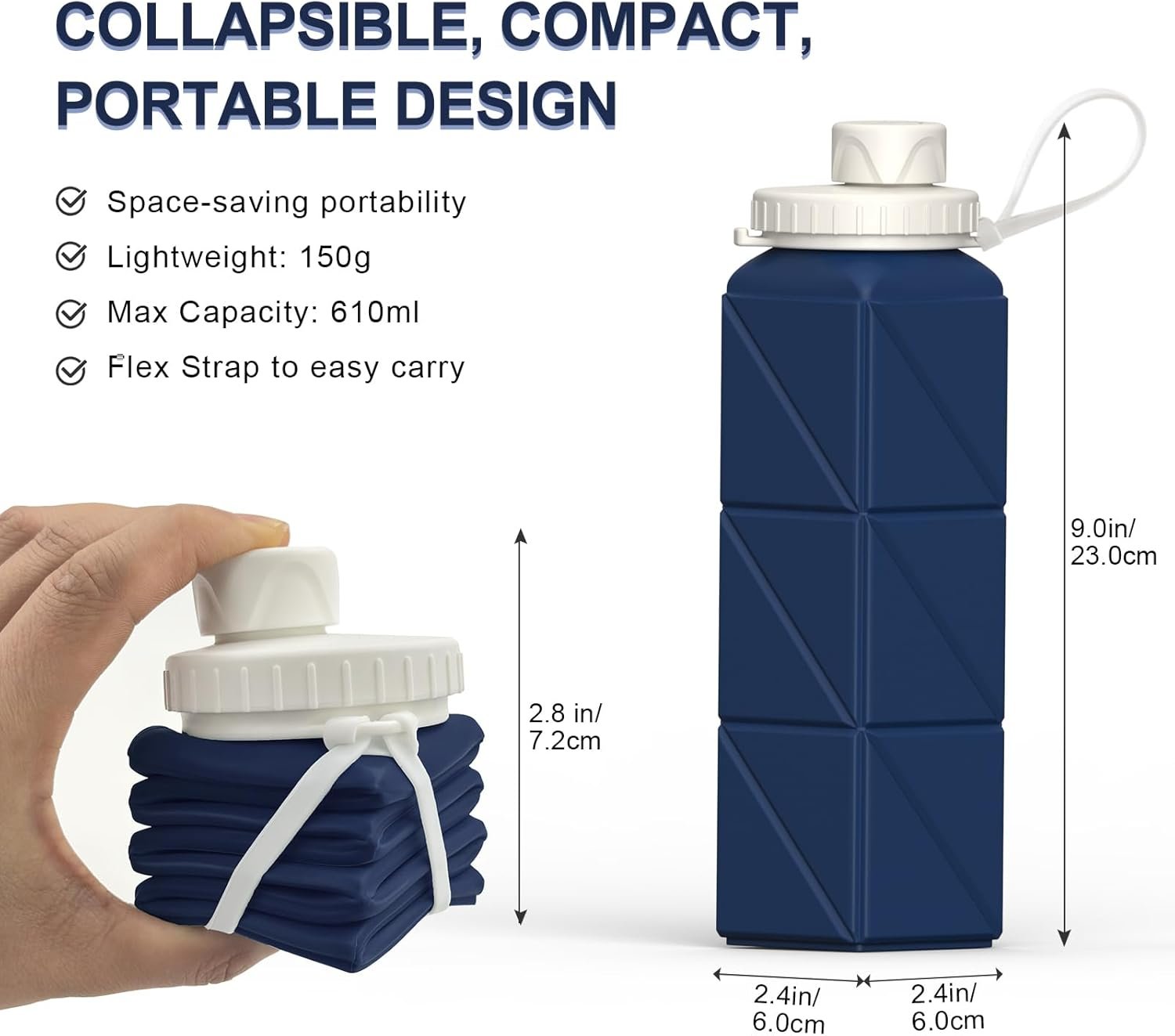 Collapsible Water Bottles 20.6oz, Silicone Foldable Portable Travel Water Bottle, BPA-Free, Leakproof Reusable for Traveling Camping Hiking Cycling Yoga Sports Outdoor, 1 Pack (Dark Blue) - Image 3