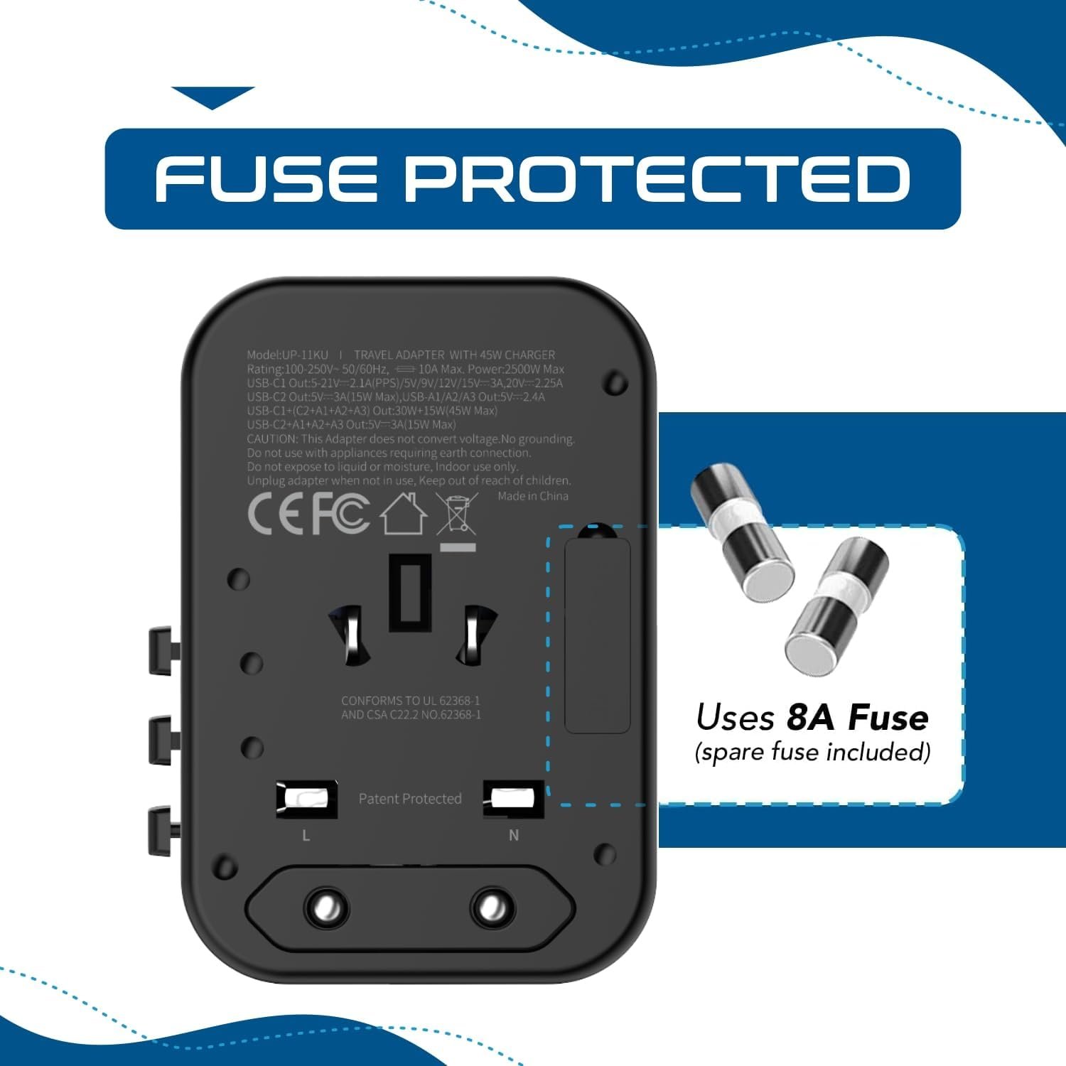 Ceptics Universal Travel Adapter, 45W International Power Adapter with PD & QC 3.0 Dual USB-C, 3 USB Travel Adapter Worldwide, Type I C G A Outlets 110V 220V A/C - EU Euro US UK (11-KU) - Image 9