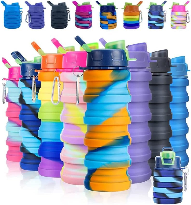 Collapsible Water Bottles 3 Pack Silicone Water Bottle with Carabiner BPA Free Expandable Water Bottle 500ml Portable Sport Water Bottle for Travel Camping. (Black+Purple+Blue) - Image 3