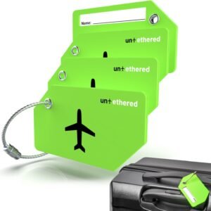 Untethered 4-Pack Luggage Tag Set | Durable Luggage Tags for Suitcases & Travel Bags | Bag Tag & Name ID Identifiers | Suitcase Tags for Easy Luggage Identification (Green – 4 Pack)