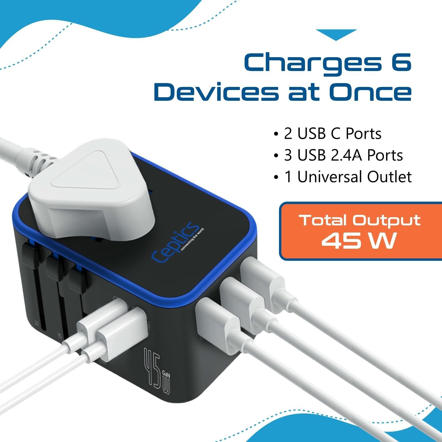 Ceptics Universal Travel Adapter, 45W International Power Adapter with PD & QC 3.0 Dual USB-C, 3 USB Travel Adapter Worldwide, Type I C G A Outlets 110V 220V A/C - EU Euro US UK (11-KU) - Image 4