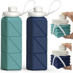 Collapsible Water Bottles 20.6oz 2 Pack, Silicone Foldable Portable Travel Water Bottle, BPA-free, Reusable Leakproof for Traveling Camping Hiking Cycling Sports Outdoor (Blue+Darkblue)