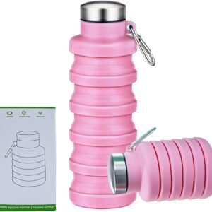 Collapsible Water Bottle,16oz Capacity Portable Reusable Silicone Water Bottle, Leak-proof, with buckle, foldable storage, Lightweight Durable for Fitness, Cycling, Sports, Camping, Hiking (Pink)