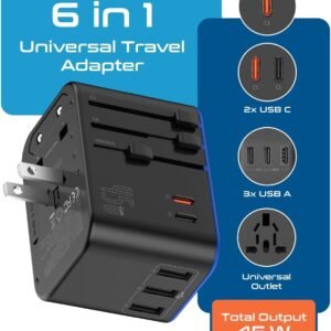 Ceptics Universal Travel Adapter, 45W International Power Adapter with PD & QC 3.0 Dual USB-C, 3 USB Travel Adapter Worldwide, Type I C G A Outlets 110V 220V A/C – EU Euro US UK (11-KU)