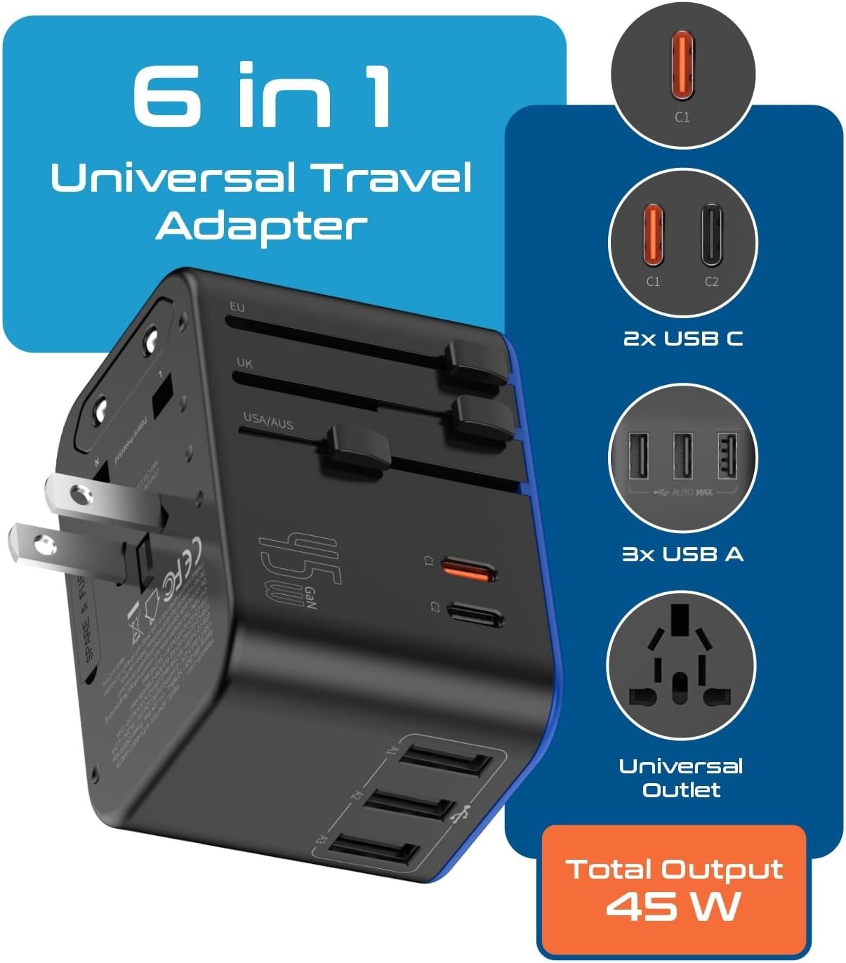 Ceptics Universal Travel Adapter, 45W International Power Adapter with PD & QC 3.0 Dual USB-C, 3 USB Travel Adapter Worldwide, Type I C G A Outlets 110V 220V A/C - EU Euro US UK (11-KU) - Image 2
