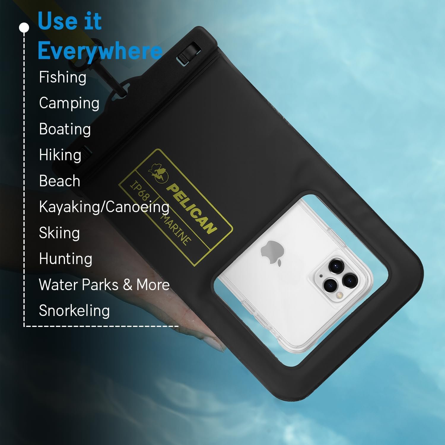 Pelican 2 Pack Marine - IP68 Waterproof Phone Pouch (XL Size) Floating Waterproof Phone Case - Beach Cruise Ship Travel Essentials - Works with All Phones - Detachable Lanyard - Black/Hi-Vis Yellow - Image 7