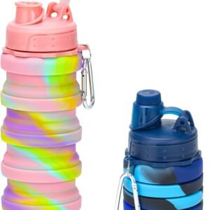 Collapsible Water Bottles, 2 Pack 16oz Silicone Travel Water Bottle Leakproof BPA Free Foldable Sport Water Bottles with Leak proof Twist Cap for Camping,Hiking Outdoor Indoor Sport