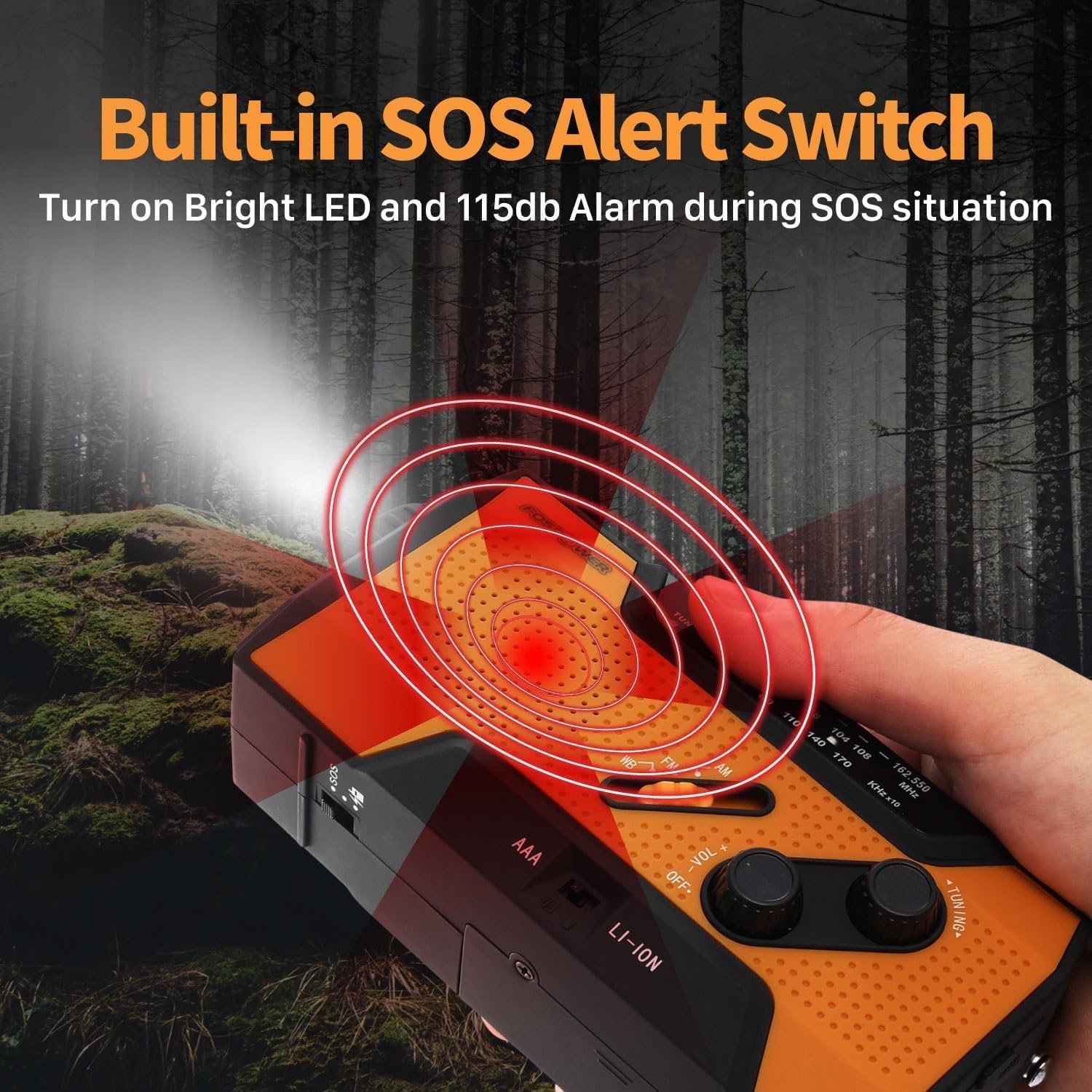 FosPower NOAA Emergency Weather Radio A1 7400mWh Portable Power Bank, AM/FM, USB/Solar/Hand Crank Charging, Battery Operated, SOS Alarm & Flashlight for Indoor/Outdoor Emergency - Orange - Image 7