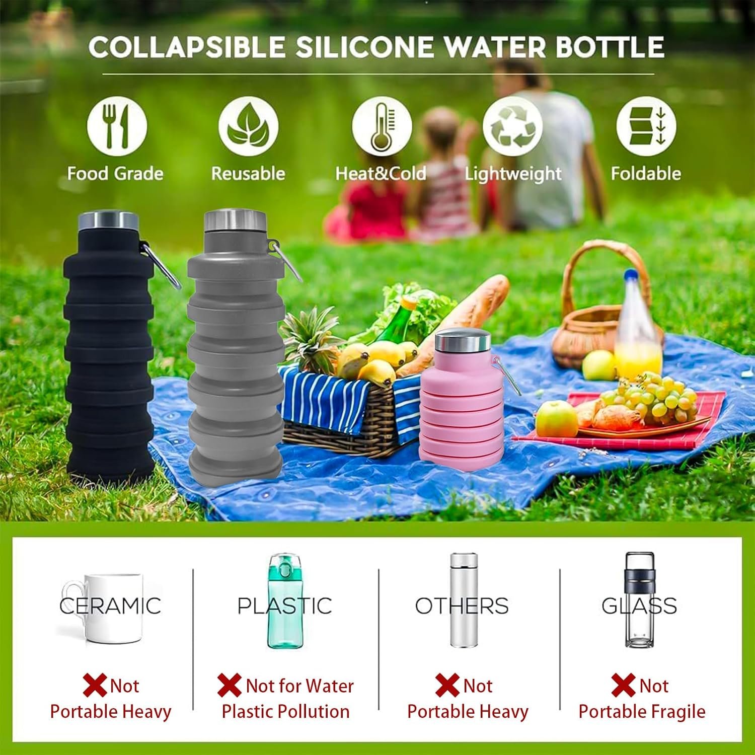 Collapsible Water Bottle,16oz Capacity Portable Reusable Silicone Water Bottle, Leak-proof, with buckle, foldable storage, Lightweight Durable for Fitness, Cycling, Sports, Camping, Hiking (Pink) - Image 3