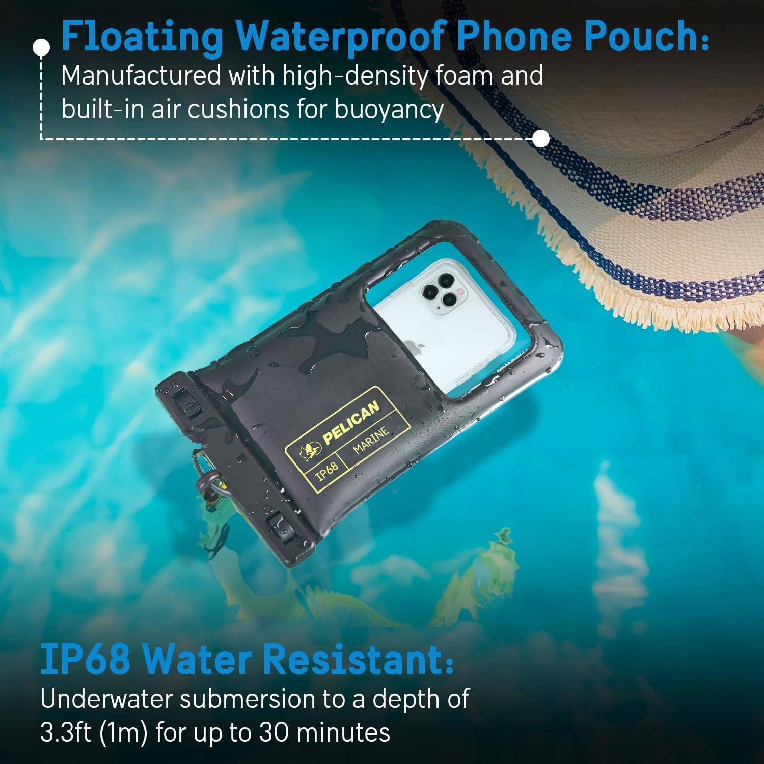 Pelican 2 Pack Marine - IP68 Waterproof Phone Pouch (XL Size) Floating Waterproof Phone Case - Beach Cruise Ship Travel Essentials - Works with All Phones - Detachable Lanyard - Black/Hi-Vis Yellow - Image 2