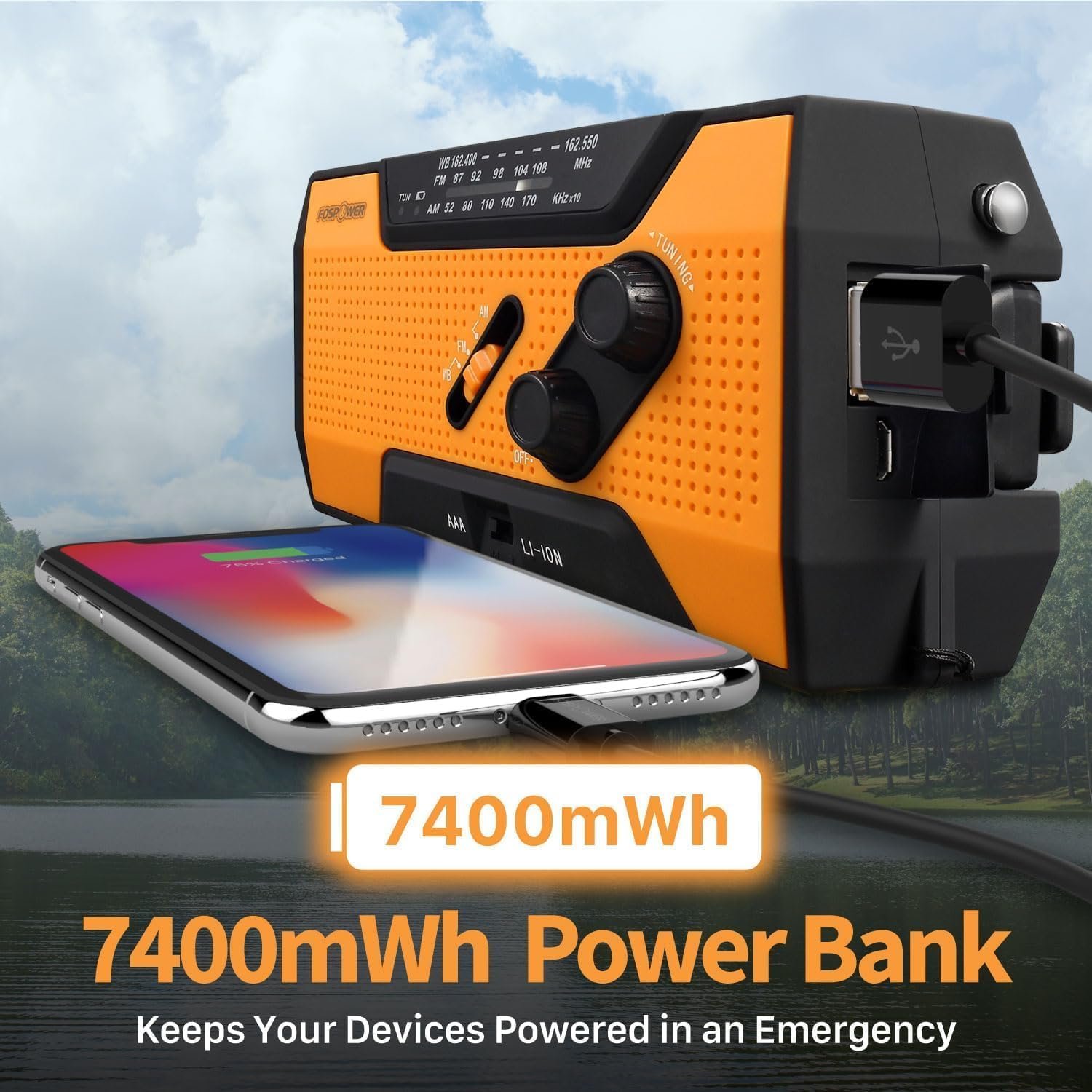 FosPower NOAA Emergency Weather Radio A1 7400mWh Portable Power Bank, AM/FM, USB/Solar/Hand Crank Charging, Battery Operated, SOS Alarm & Flashlight for Indoor/Outdoor Emergency - Orange - Image 3