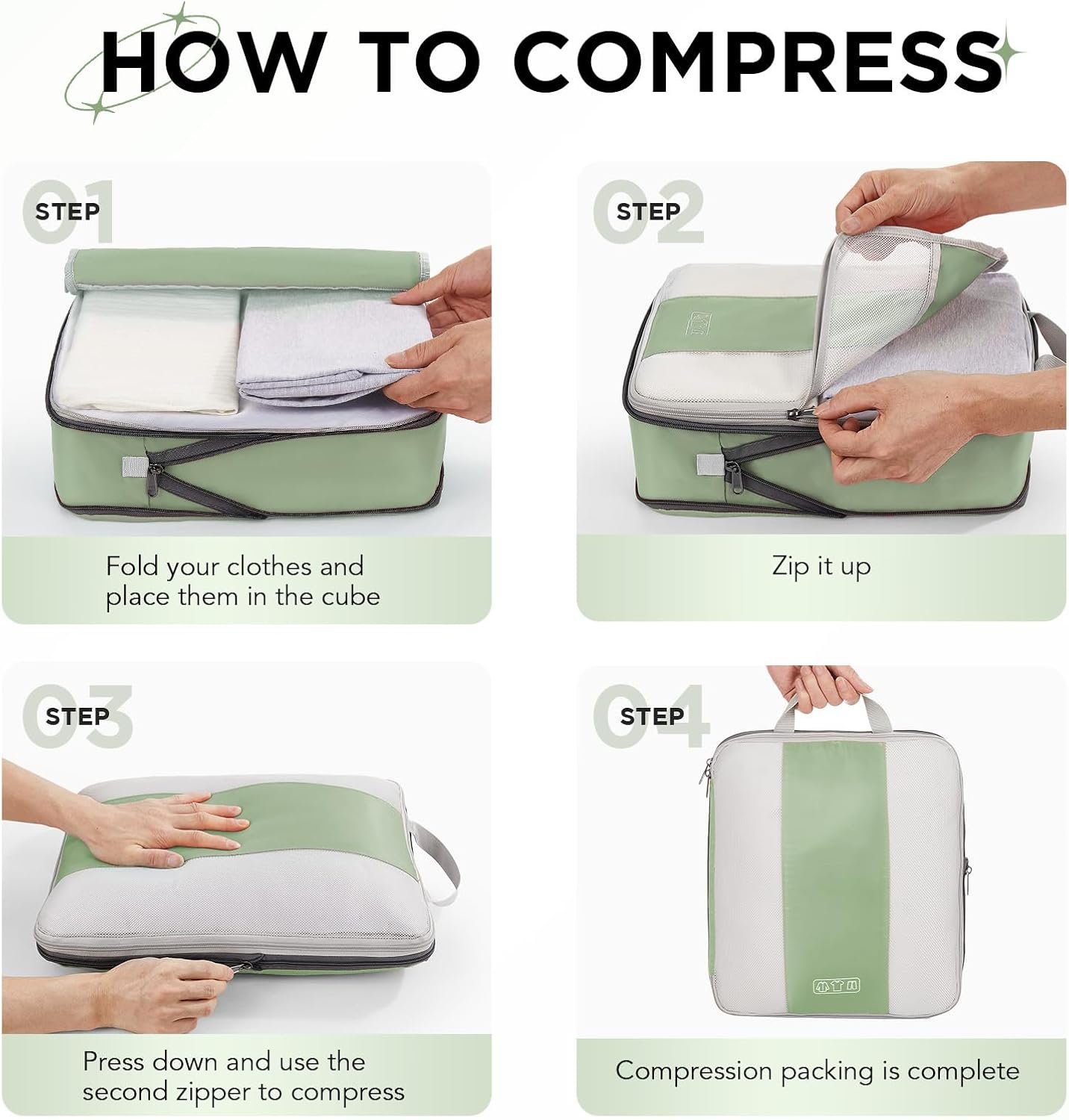 10 Set Compression Packing Cubes for Travel Essentials,Compressible Expandable Packing Cubes for Suitcase,OlarHike Luggage Organizer Bags for Travel,Handy Helper for Organizing Clothes(Matcha Green) - Image 3
