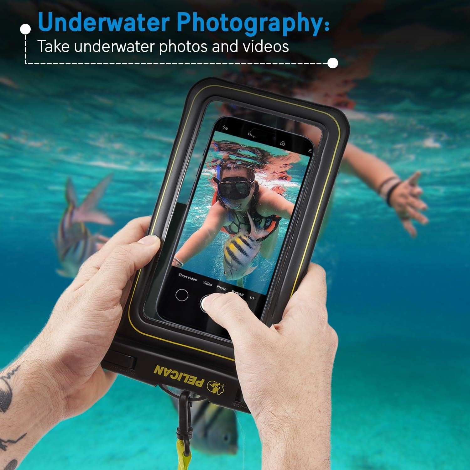 Pelican 2 Pack Marine - IP68 Waterproof Phone Pouch (XL Size) Floating Waterproof Phone Case - Beach Cruise Ship Travel Essentials - Works with All Phones - Detachable Lanyard - Black/Hi-Vis Yellow - Image 4