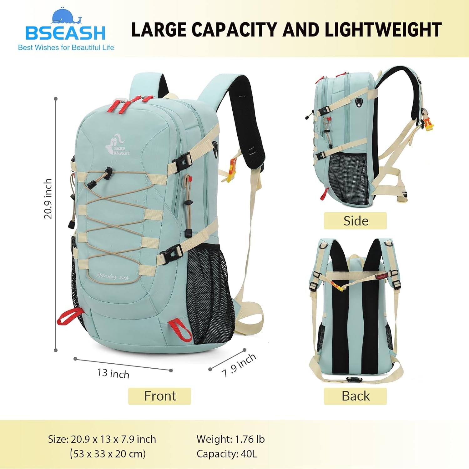 Bseash 40L Waterproof Hiking Backpack with Rain Cover, Outdoor Sport Travel Bag Daypack for Camping Climbing Skiing Cycling (Milk Green) - Image 2