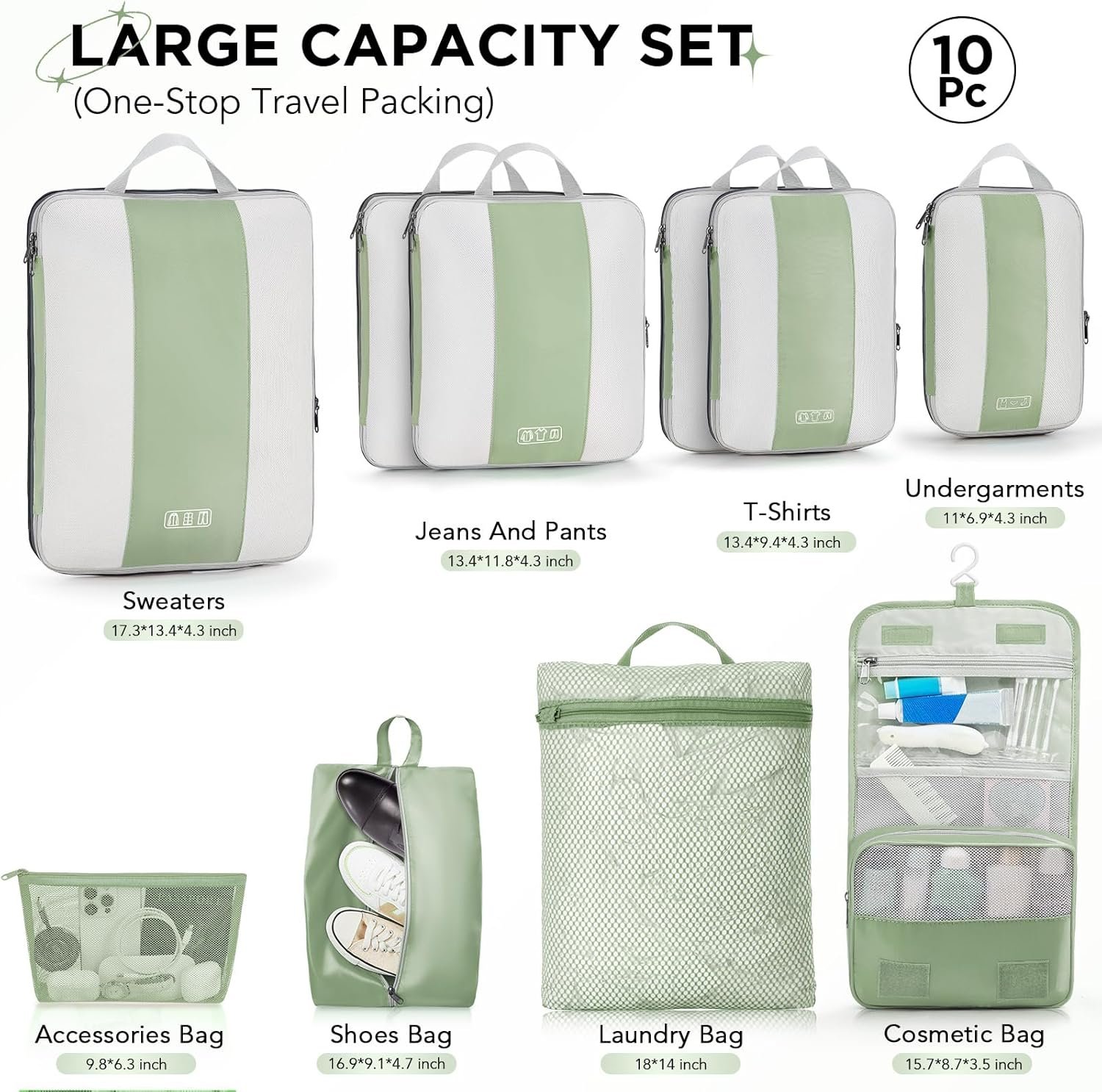 10 Set Compression Packing Cubes for Travel Essentials,Compressible Expandable Packing Cubes for Suitcase,OlarHike Luggage Organizer Bags for Travel,Handy Helper for Organizing Clothes(Matcha Green) - Image 2