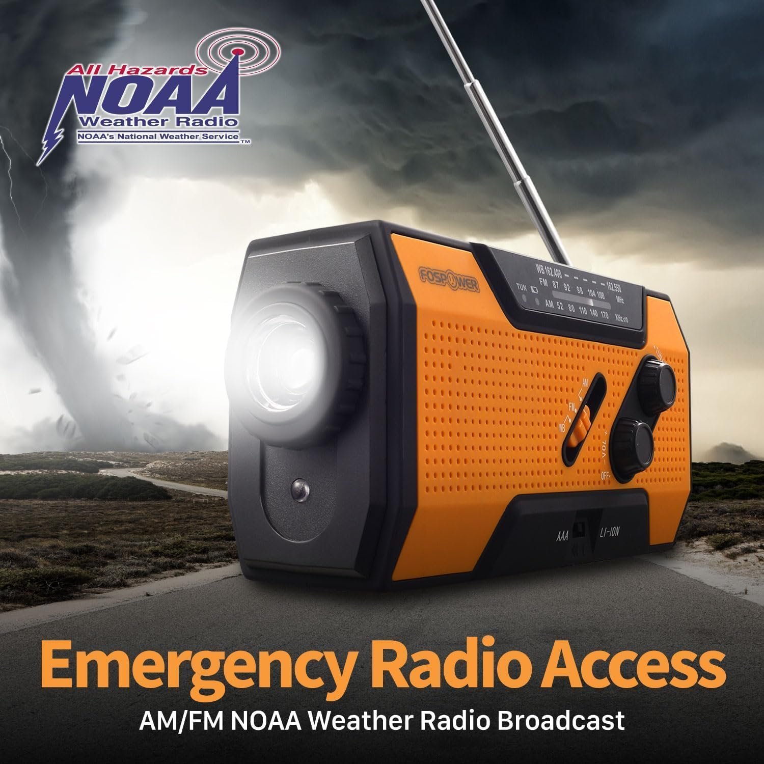 FosPower NOAA Emergency Weather Radio A1 7400mWh Portable Power Bank, AM/FM, USB/Solar/Hand Crank Charging, Battery Operated, SOS Alarm & Flashlight for Indoor/Outdoor Emergency - Orange - Image 4