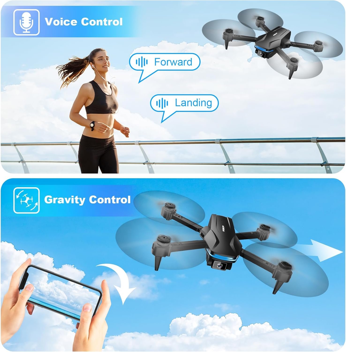 Drone with Camera 1080P HD FPV Foldable Drone for Beginners and Kids, Quadcopter with Voice Gesture Control with Carrying Case, One Key Take Off/Land, Optical Flow Positioning, 360° Flip, Waypoint Fly - Image 4