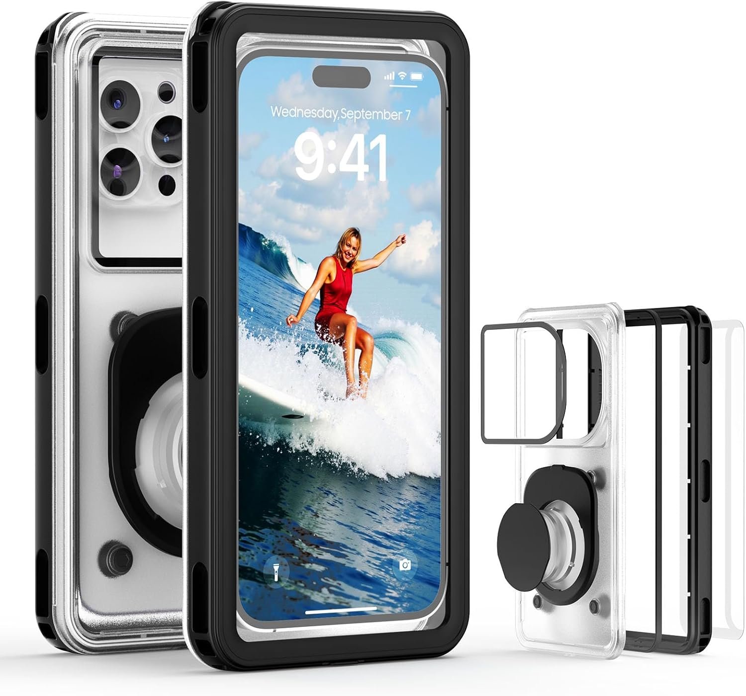 Waterproof Phone Pouch Case 7.5", 2025 Upgraded IPX8 Waterproof Phone Case for Snorkeling, Universal Fit for iPhone 16 Pro Max 15 14 13, Galaxy S25, Beach Vacation Essentials (Black)