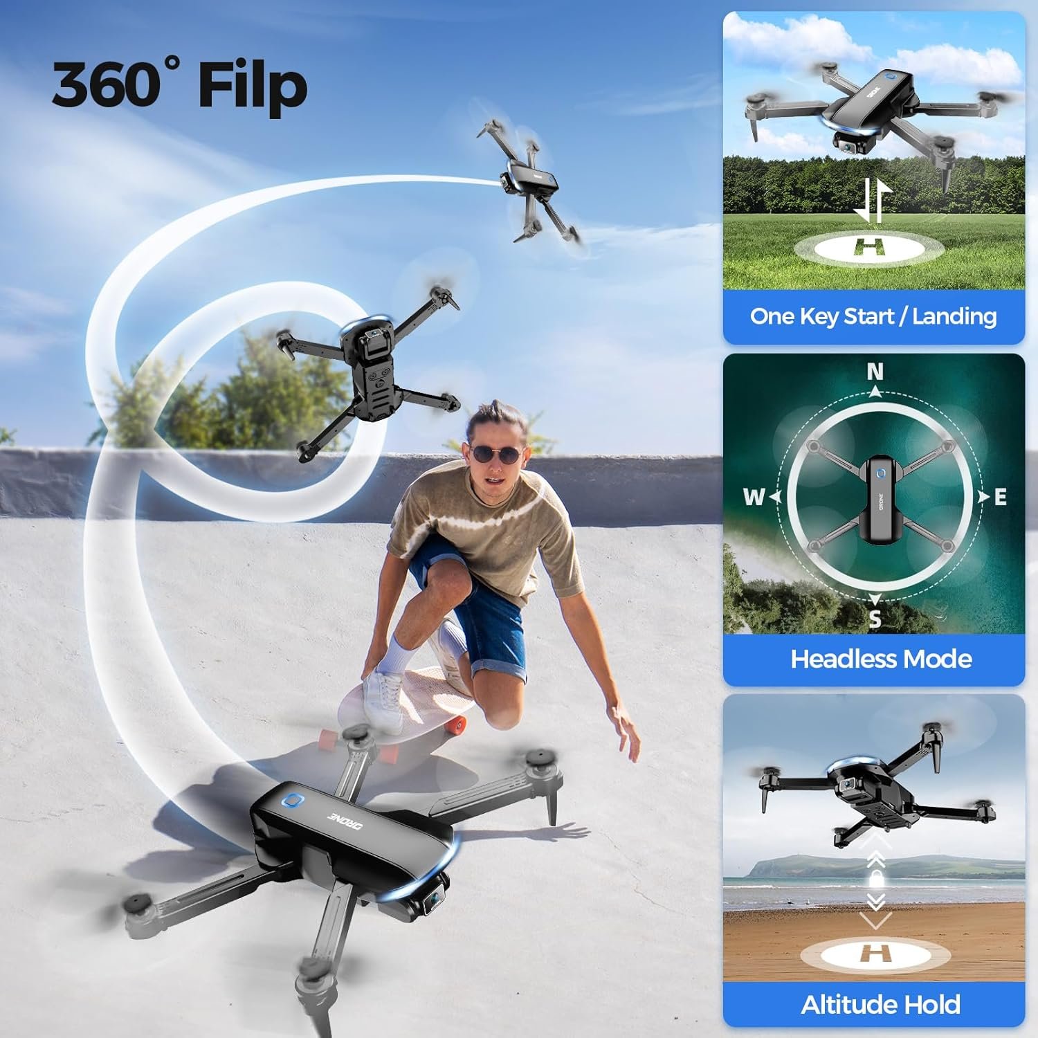 Drone with Camera 1080P HD FPV Foldable Drone for Adults and Beginners, RC Quadcopter with Gravity Control, One Key Take Off/Land, Optical Flow Positioning, 360° Flip, 3 Speed Mode, Waypoint Fly - Image 3