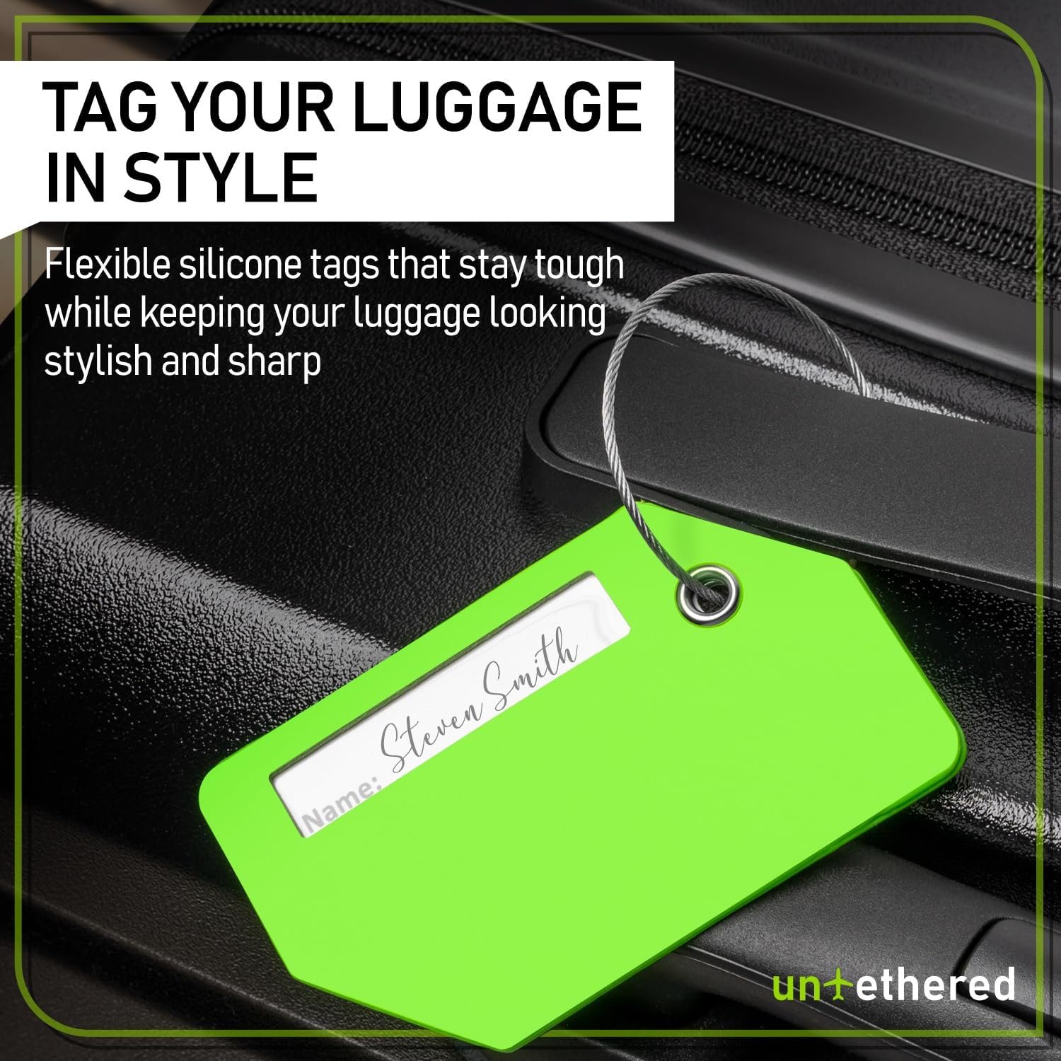 Untethered 4-Pack Luggage Tag Set | Durable Luggage Tags for Suitcases & Travel Bags | Bag Tag & Name ID Identifiers | Suitcase Tags for Easy Luggage Identification (Green - 4 Pack) - Image 2
