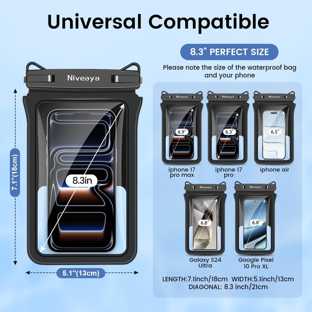 Niveaya Double Space Waterproof Phone Pouch (2-Pack) - IPX8 Phone Case Dry Bag for Beach, Kayak, Cruise Travel Essentials - Compatible with iPhone 17/16/15/14 Pro Max Galaxy S25/S24 Ultra (up to 8.3") - Image 4