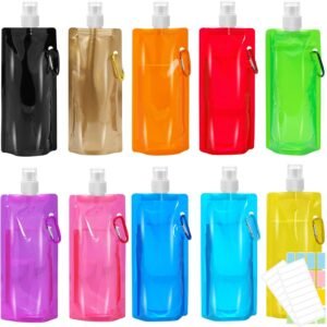10 Pack Collapsible Water Bottles,Reusable Drinking Water Bags with Carabiner Clip,480ml Travel Water Bottle,Leak Proof Water Bottles for Camping,Hiking Travel,Gym,Sports,Biking,BPA Free