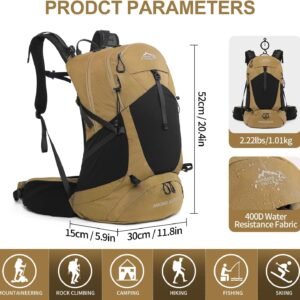 Hiking Backpack, Waterproof Hiking Daypack with 3L Water Bladder and Rain Cover, Lightweight Travel Camping Backpack for Men Women (Khaki)