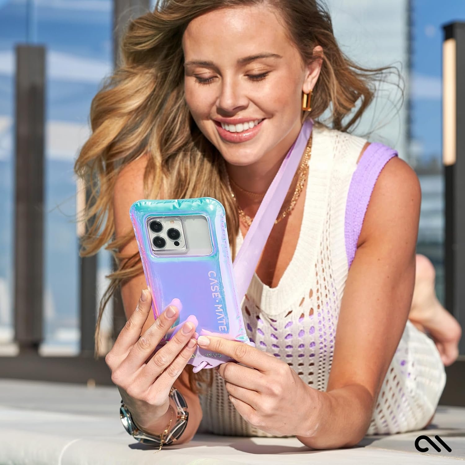 Case-Mate Soap Bubble IP68 Waterproof Phone Pouch - Floating Waterproof Phone Case w/Crossbody Lanyard - Cruise Ship Travel Essentials - Compatible w/All Devices - Touchscreen Friendly - Iridescent - Image 9