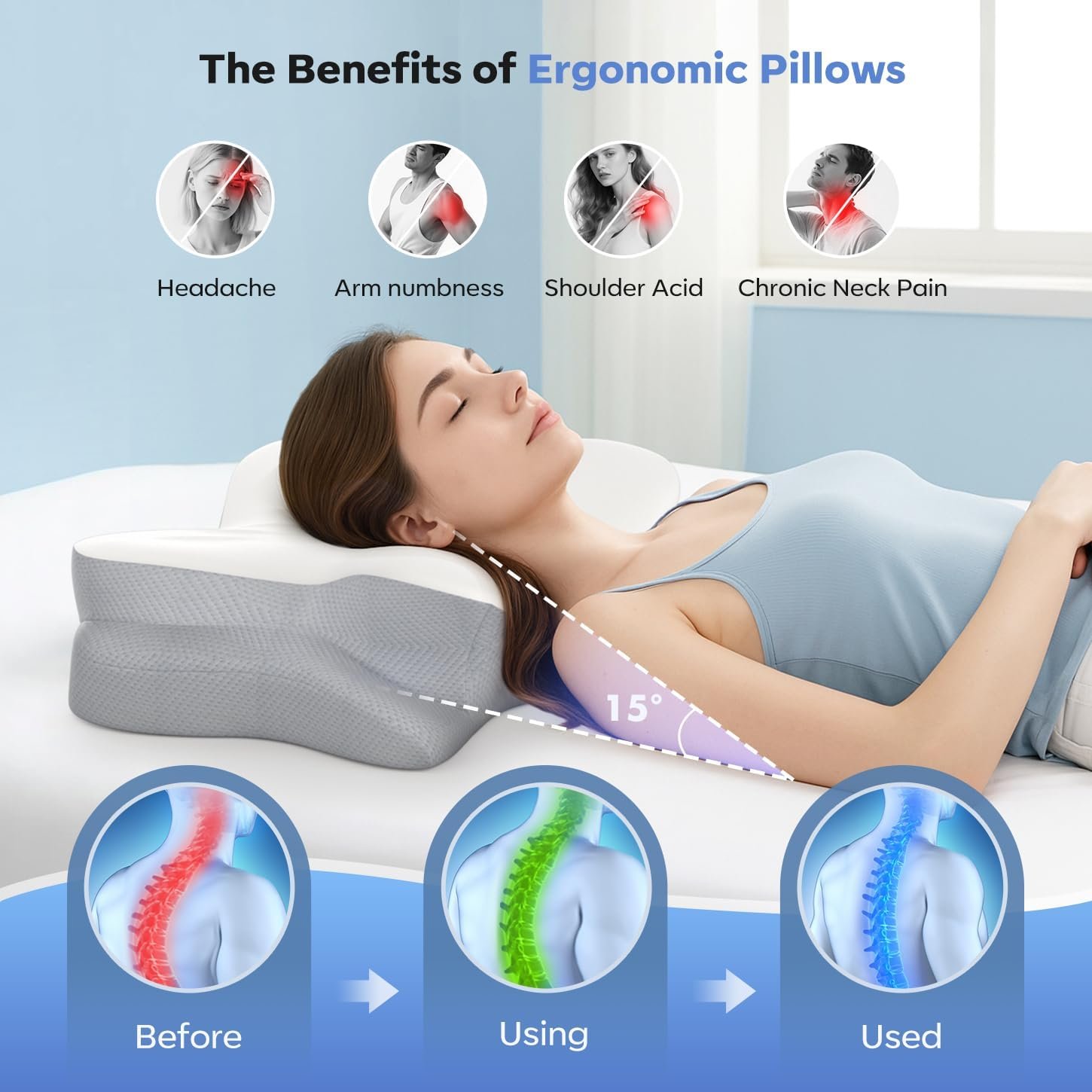 Cervical Neck Pillow, Ergonomic Memory Foam Pillows for Neck Pain Relief with Breathable Pillowcase, Adjustable Contour Neck Support Pillow for Side Back Stomach Sleepers, Odorless - Image 7