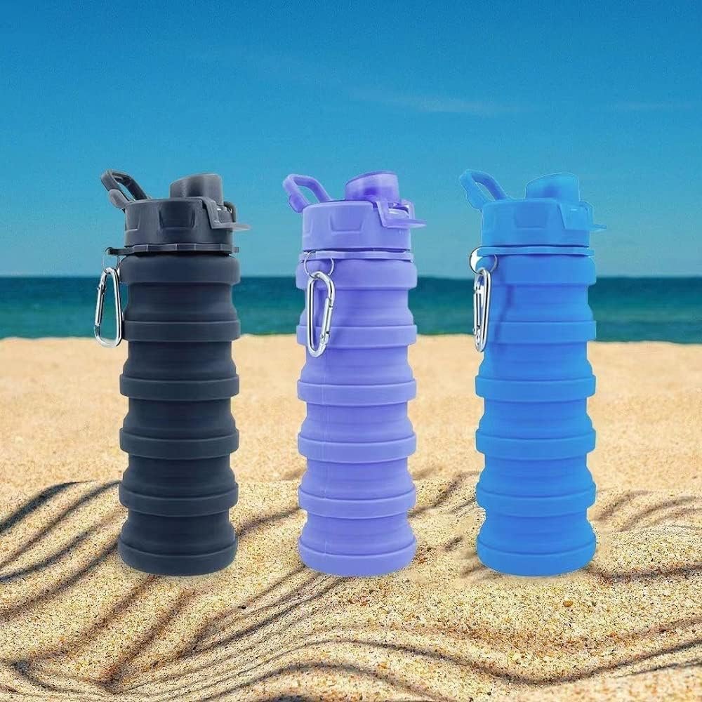Collapsible Water Bottles 3 Pack Silicone Water Bottle with Carabiner BPA Free Expandable Water Bottle 500ml Portable Sport Water Bottle for Travel Camping. (Black+Purple+Blue) - Image 7