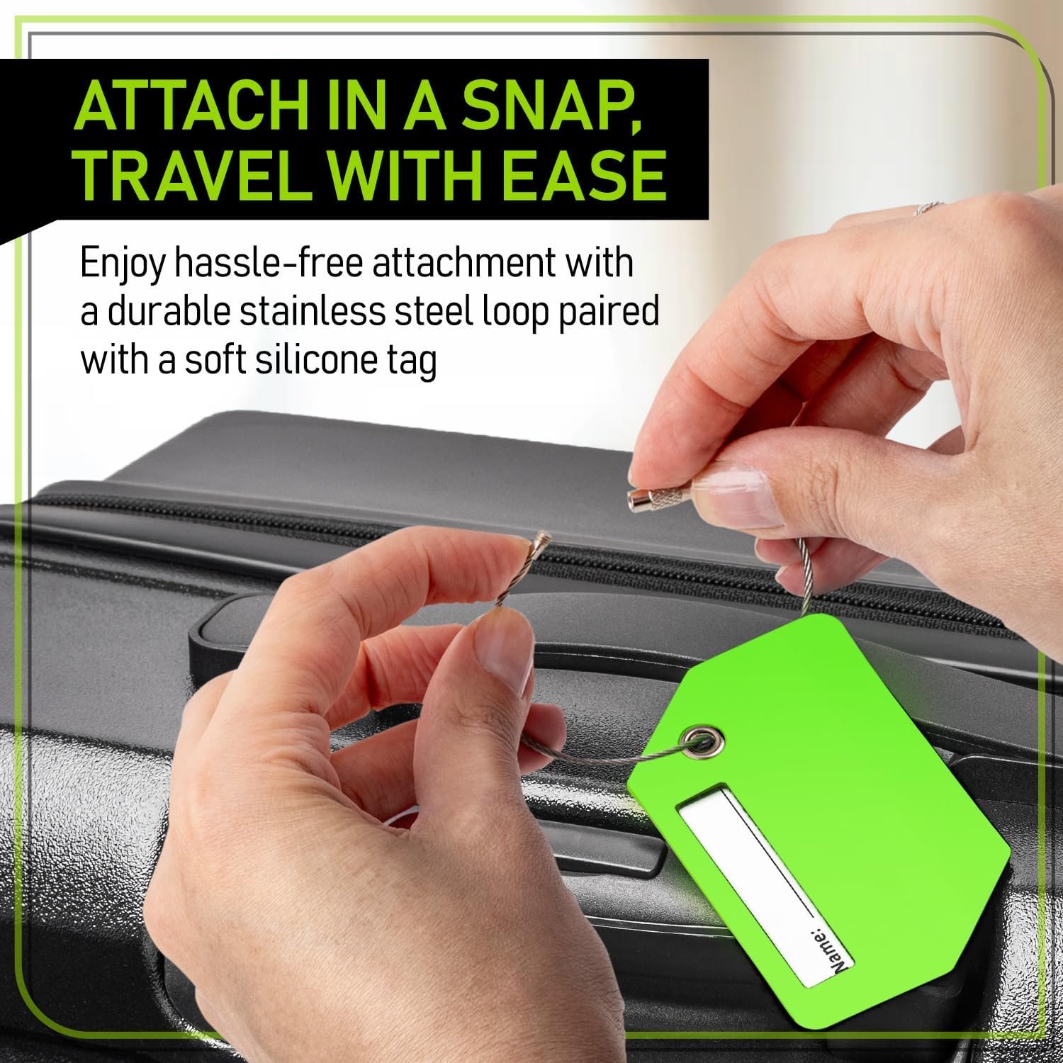 Untethered 4-Pack Luggage Tag Set | Durable Luggage Tags for Suitcases & Travel Bags | Bag Tag & Name ID Identifiers | Suitcase Tags for Easy Luggage Identification (Green - 4 Pack) - Image 6