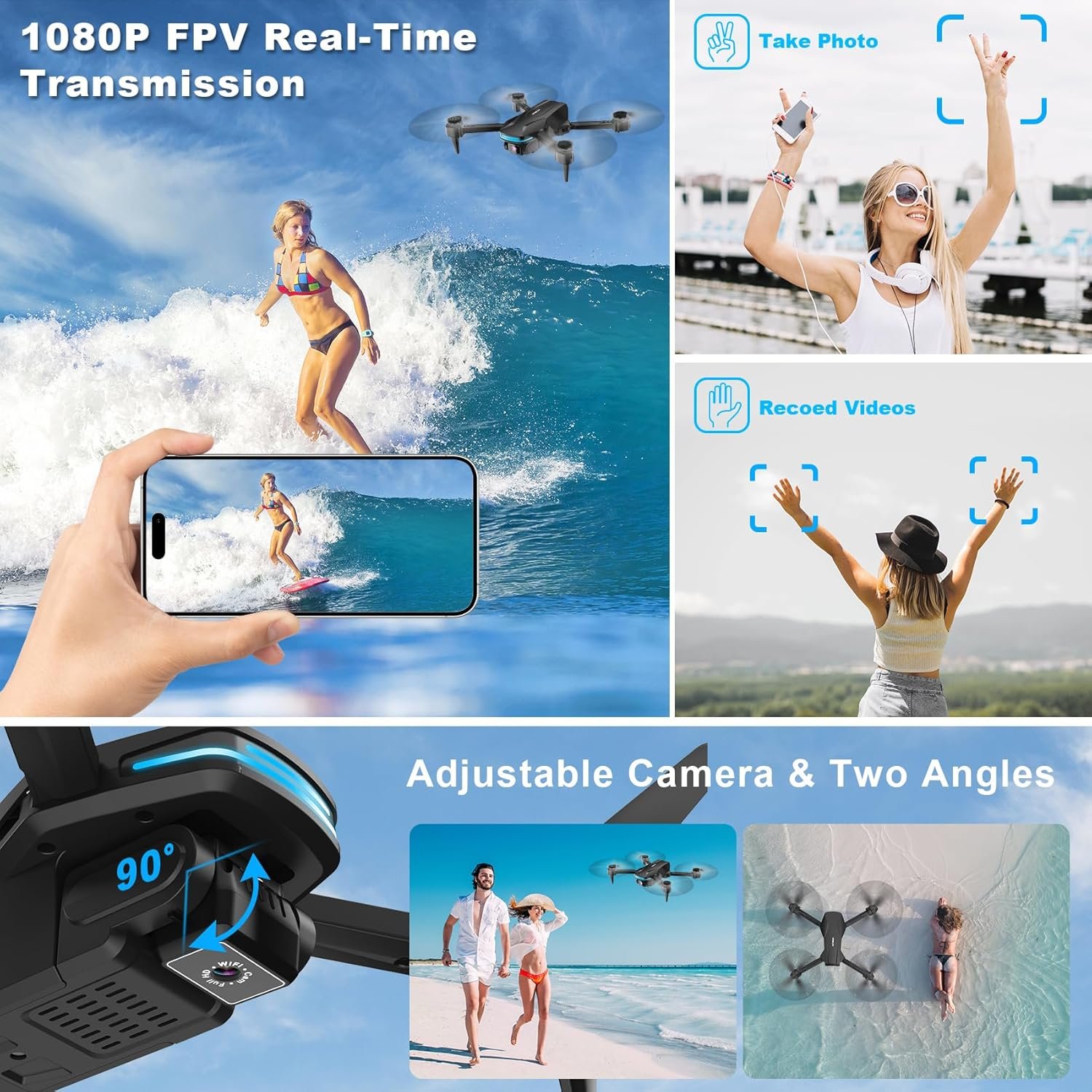 Drone with Camera 1080P HD FPV Foldable Drone for Beginners and Kids, Quadcopter with Voice Gesture Control with Carrying Case, One Key Take Off/Land, Optical Flow Positioning, 360° Flip, Waypoint Fly - Image 2
