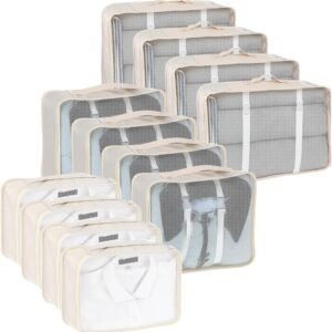 12 Pcs Packing Cubes for Suitcase Travel Luggage Bags Bulk Mesh Organizer Set for Hiking Camping Backpacking Clothes Accessories(Light Khaki, S, M, L Size)