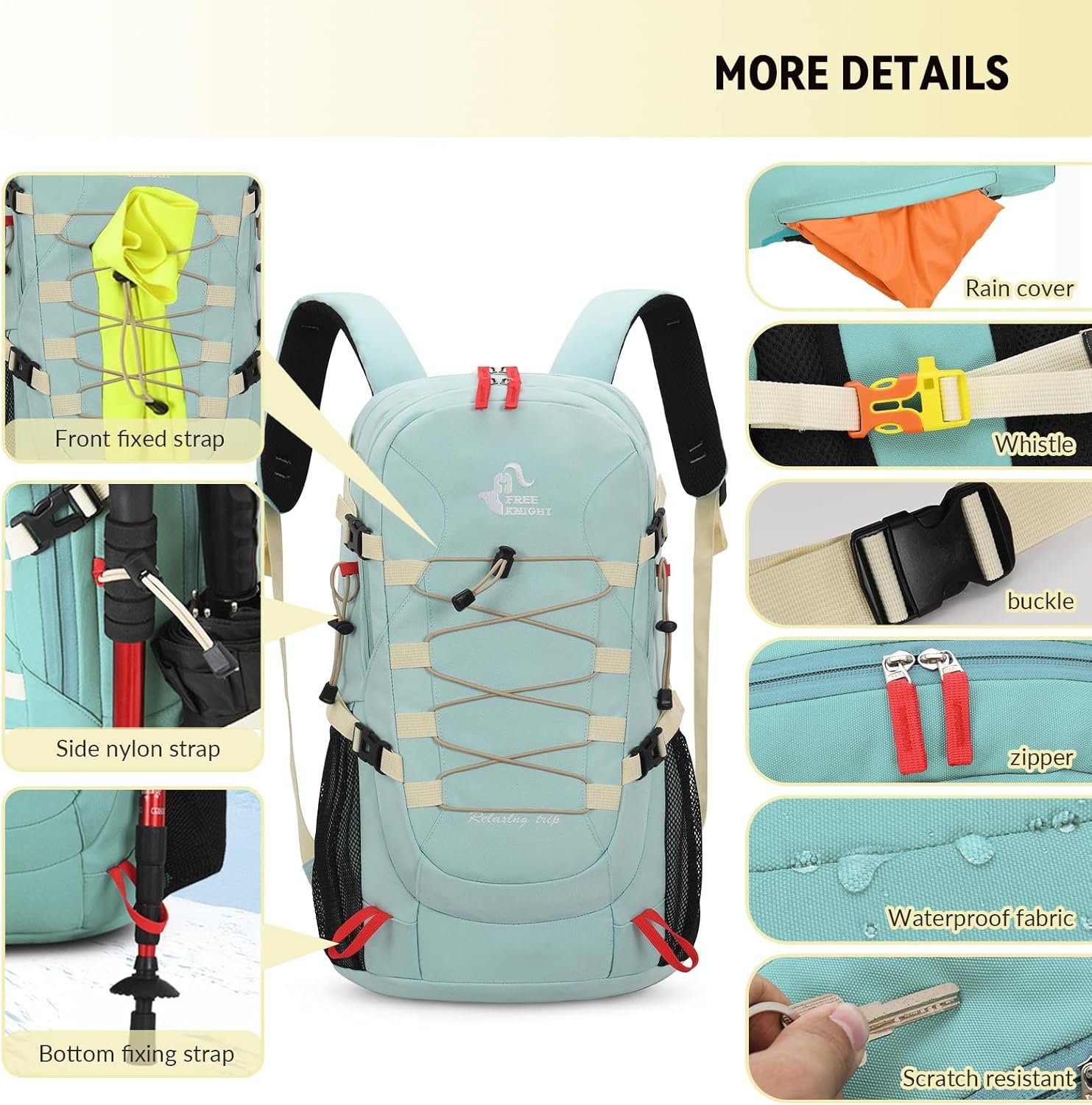 Bseash 40L Waterproof Hiking Backpack with Rain Cover, Outdoor Sport Travel Bag Daypack for Camping Climbing Skiing Cycling (Milk Green) - Image 4