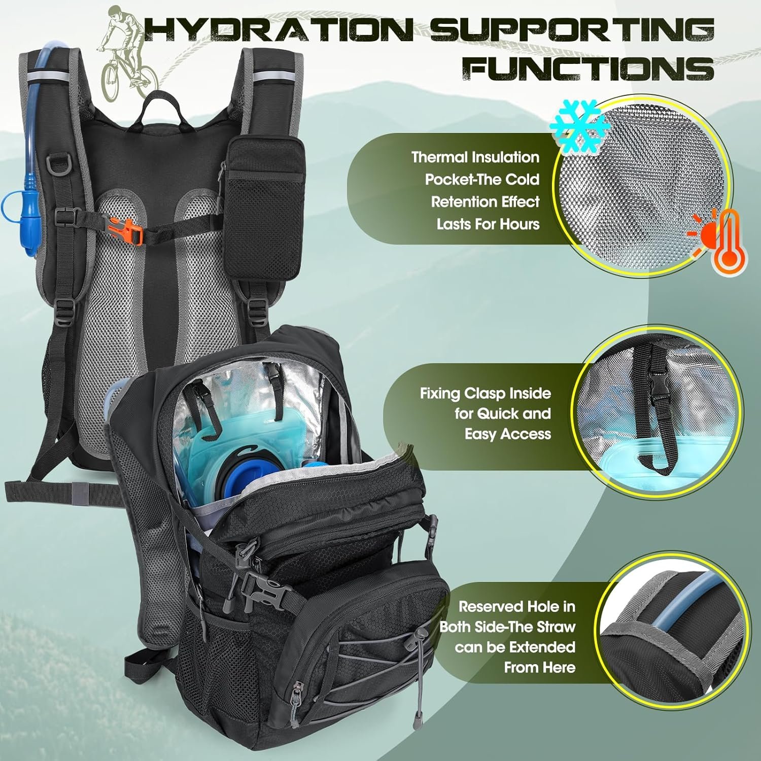 Hydration Backpack with Water Bladder, 18L Lightweight Hiking Backpack for Women&Men Small Insulated Hydration Water Pack for Hiking, Running, Cycling, Biking - Image 2