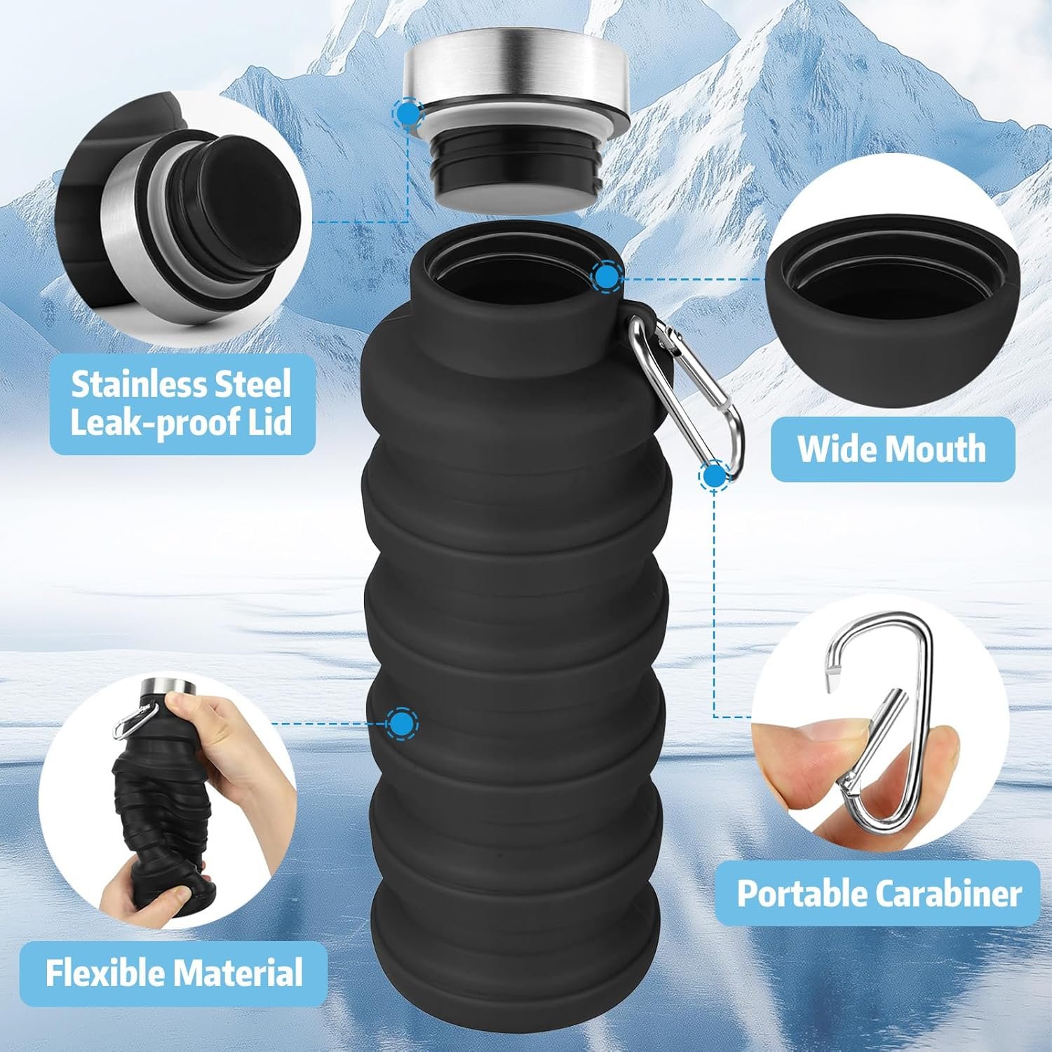 Collapsible Water Bottle,16oz Capacity Portable Reusable Silicone Water Bottle, Leak-proof, with buckle, foldable storage, Lightweight Durable for Fitness, Cycling, Sports, Camping, Hiking (Pink) - Image 5