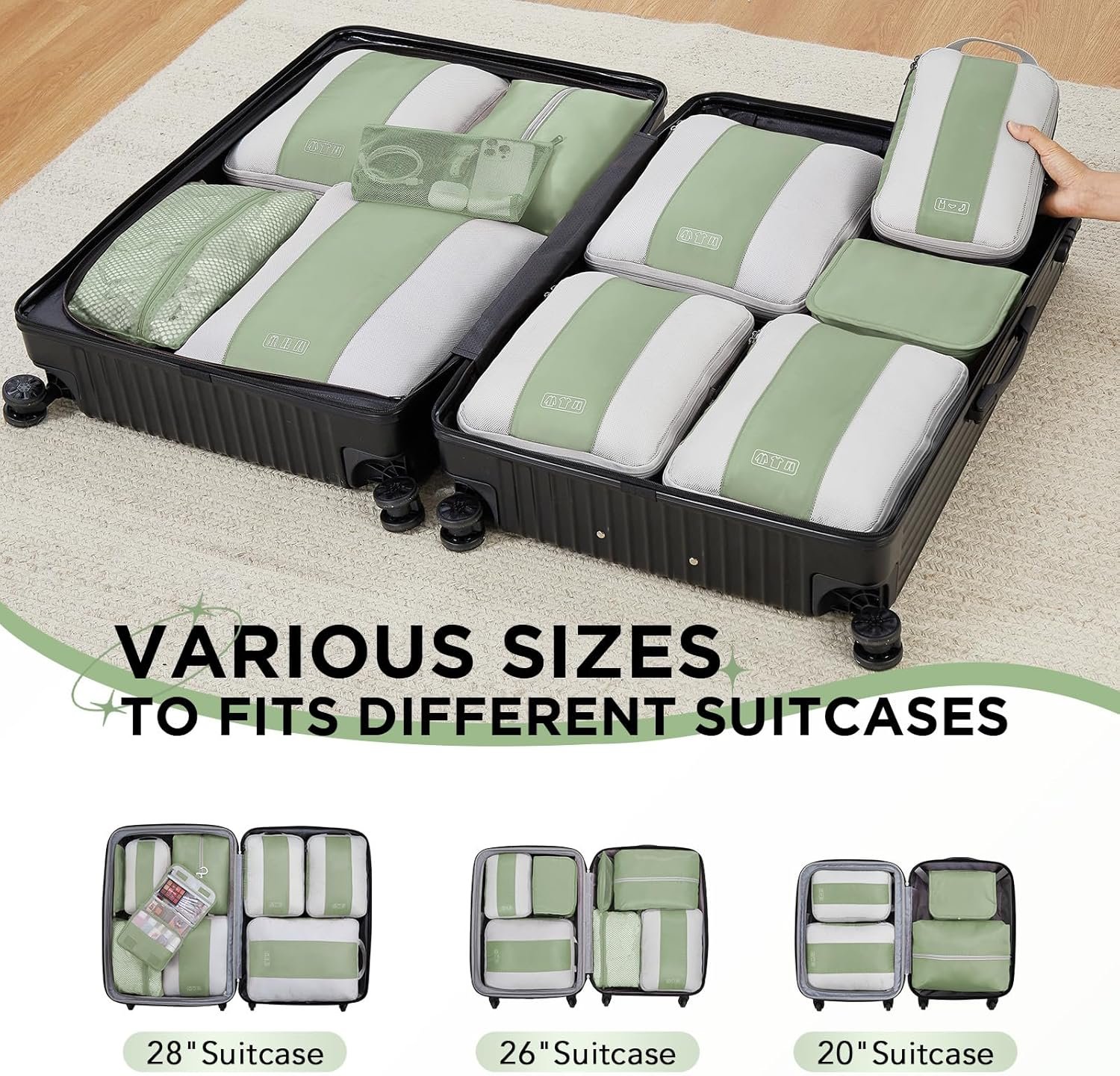 10 Set Compression Packing Cubes for Travel Essentials,Compressible Expandable Packing Cubes for Suitcase,OlarHike Luggage Organizer Bags for Travel,Handy Helper for Organizing Clothes(Matcha Green) - Image 7