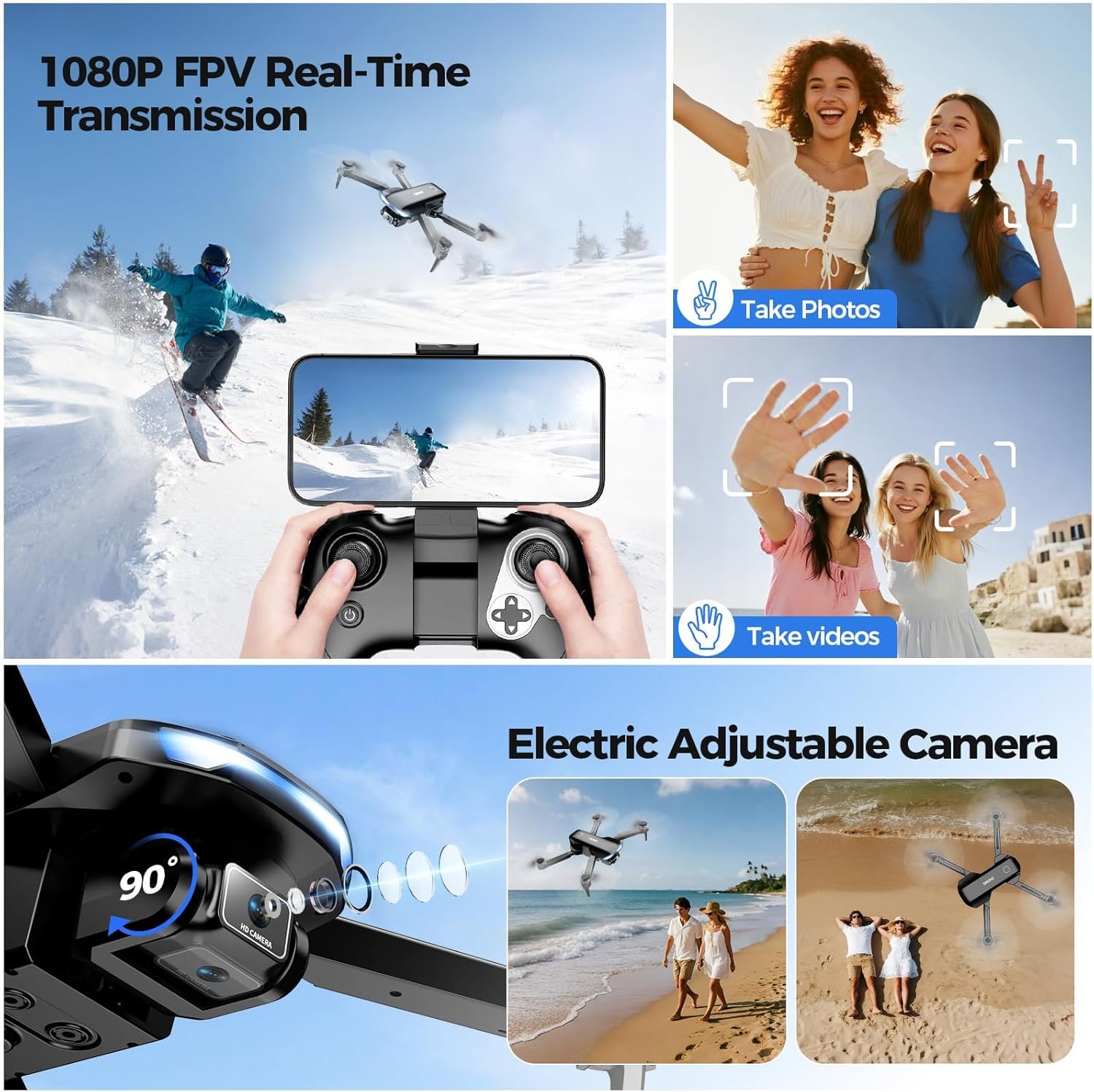 Drone with Camera 1080P HD FPV Foldable Drone for Adults and Beginners, RC Quadcopter with Gravity Control, One Key Take Off/Land, Optical Flow Positioning, 360° Flip, 3 Speed Mode, Waypoint Fly - Image 2