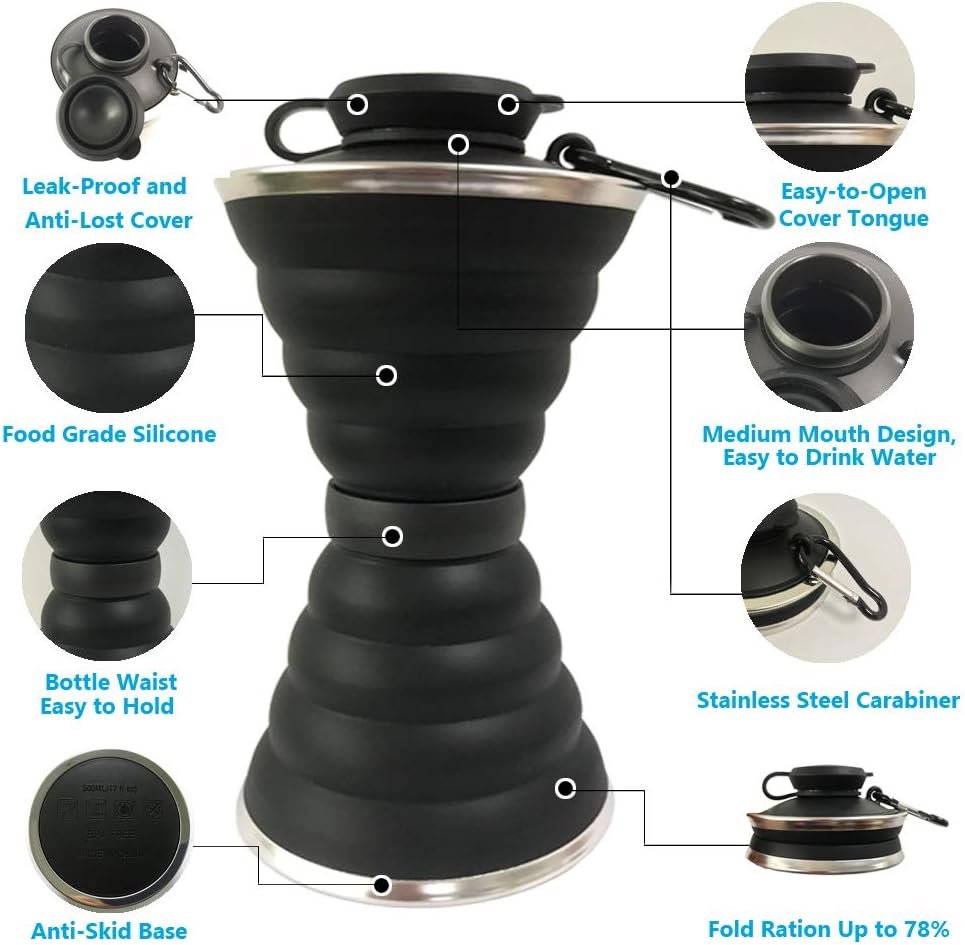 Collapsible Water Bottle, Camping Cup With Carabiner, Reuseable Silicone Foldable Leak Proof Portable Sports Travel Water Bottles For Outdoor, Travel Gym Hiking, BPA Free, Cycling Cups with Carabiner - Image 7