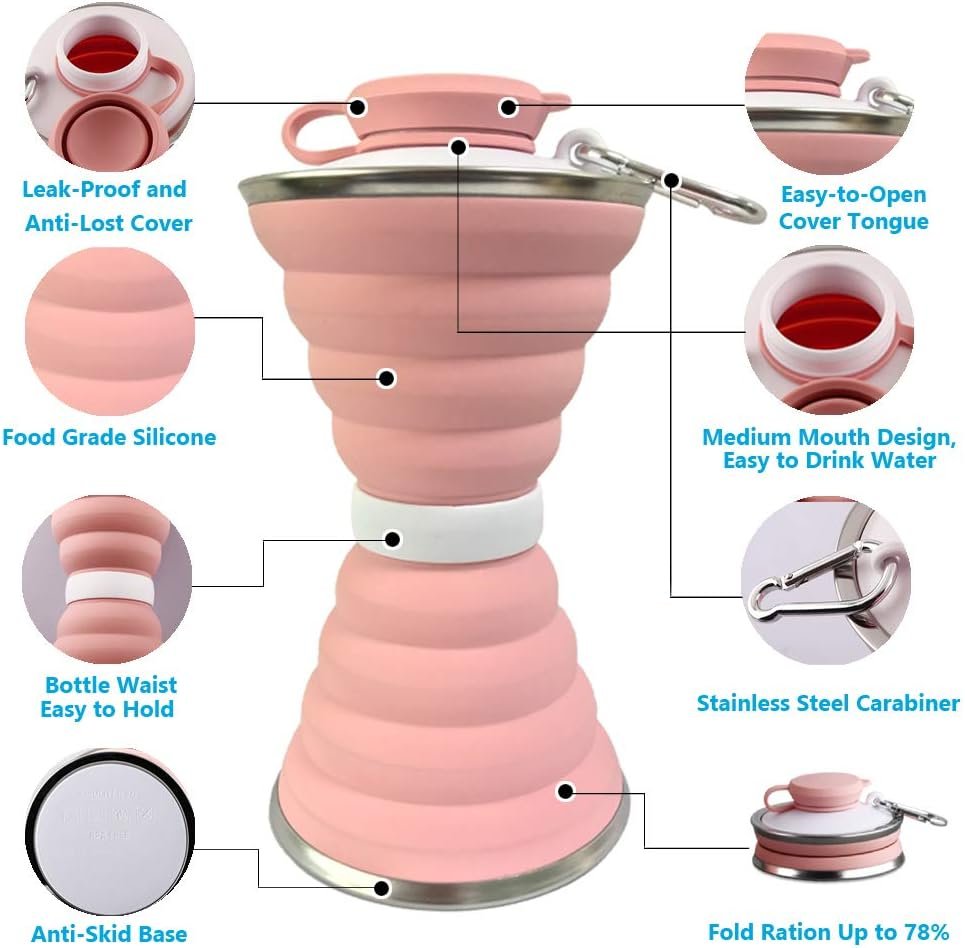 Collapsible Water Bottle, Camping Cup With Carabiner, Reuseable Silicone Foldable Leak Proof Portable Sports Travel Water Bottles For Outdoor, Travel Gym Hiking, BPA Free, Cycling Cups with Carabiner - Image 7