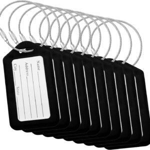 BlueCosto – Luggage Tags – Black, 10 Pack – Suitcase Tags with Name ID Card & Heavy-Duty Metal Wire Loops – Bright Colored PVC Identifiers for Travel Baggage – Backpack Name Labels