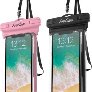 ProCase 2 Pack Waterproof Phone Pouch, Underwater Phone Case Up to 7″, Dry Bag for iPhone 17 Air 16 15 14 13 Pro Plus Max, Galaxy S24 S23 S22 Ultra Pixel, Beach Essentials -Pink & Black