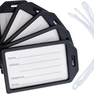 5 Pack – Premium Rigid Airline Luggage Tag Holders with 6″ Worm Loops – Heavy Duty Hard Plastic -Suitcase ID Tag Identifiers with Business Card Insert Window by Specialist ID (Black)