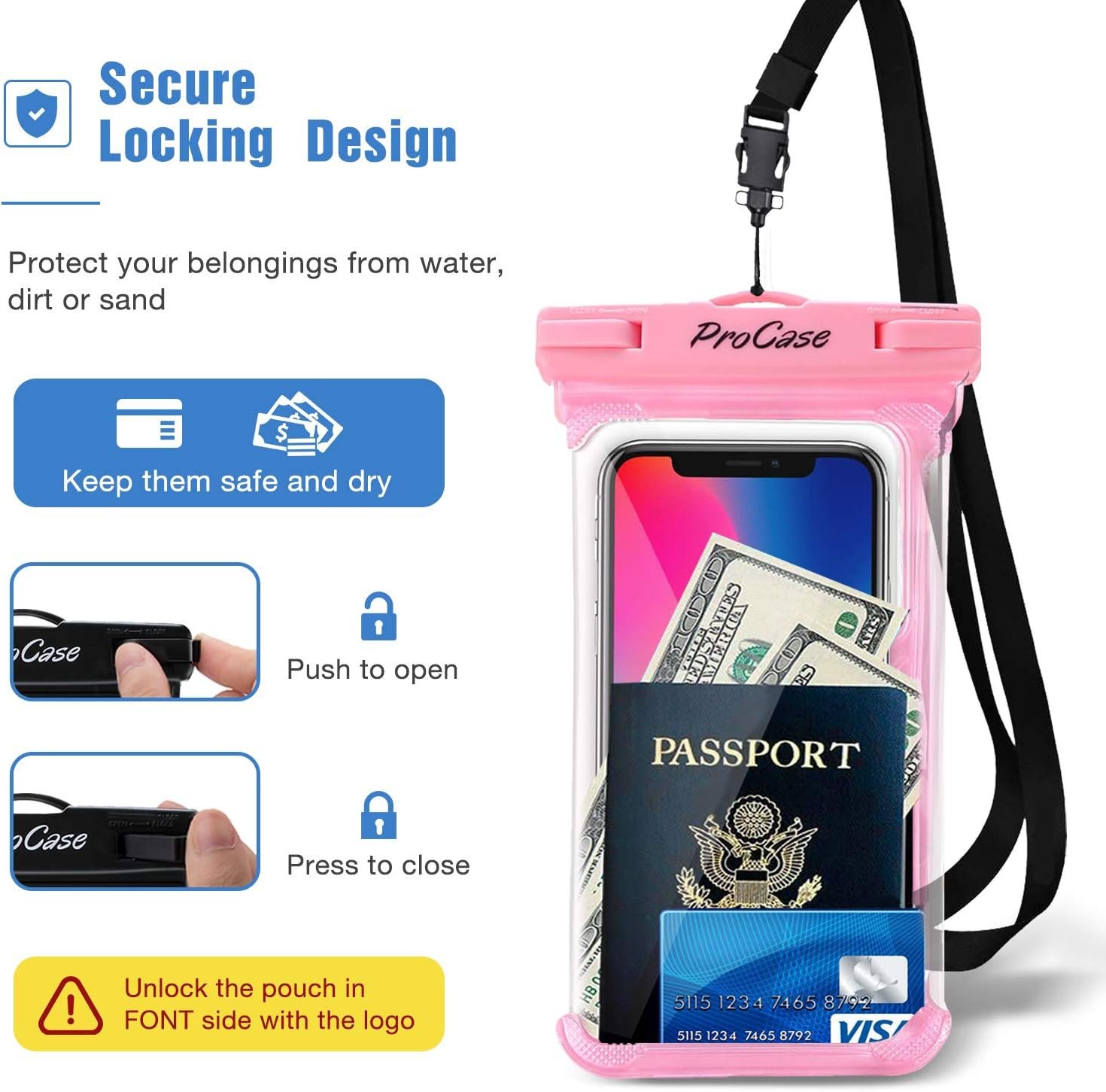 ProCase 2 Pack Waterproof Phone Pouch, Underwater Phone Case Up to 7", Dry Bag for iPhone 17 Air 16 15 14 13 Pro Plus Max, Galaxy S24 S23 S22 Ultra Pixel, Beach Essentials -Pink & Black - Image 5