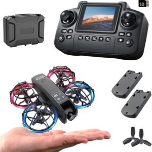 K100 Mini Drone with Screen Controller with SD Card, Two-batteries, Optical Flow Positioning, All-round Protection for Flight Paddles, Suitable for Beginner. (2 batteries – Black)