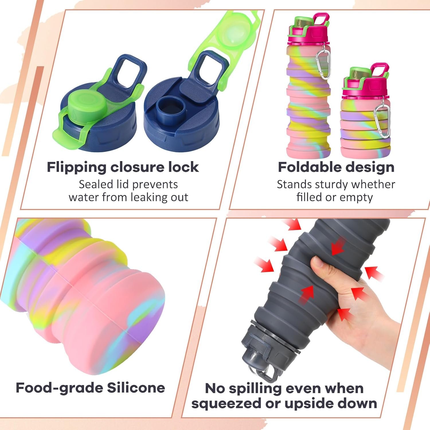 Sunnyray 14 Pack Collapsible Water Bottles Travel 17oz Silicone Portable Foldable Bottles Leak Proof Reusable Sports Cups with Clip for Camping Hiking Cycling Outdoor(Dark Color) - Image 3